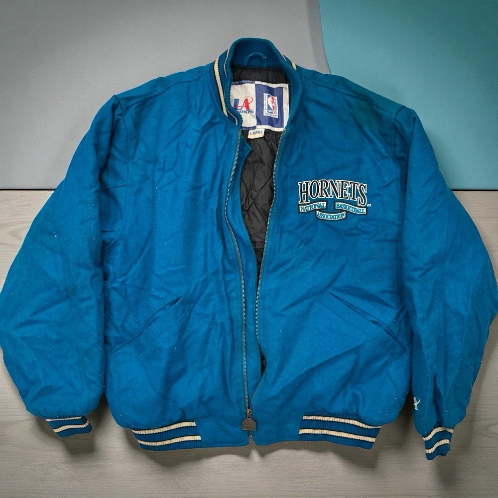 Vintage 90s Logo Athletic Charlotte Hornets NBA Letterman Jacket Mens Large Teal